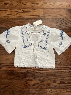 White Embroidered Lace Cropped Top with Blue Floral Details